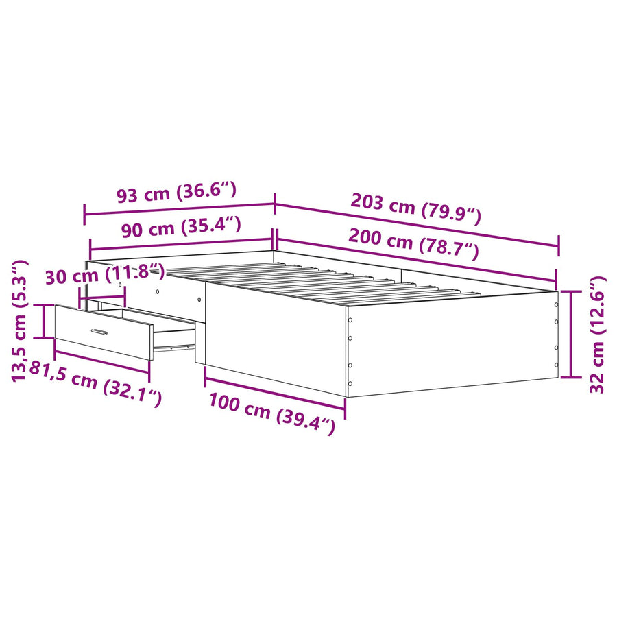 Bed Frame Oude Hout 90X200 Cm Engineered Hout Ambachtelijk Eiken