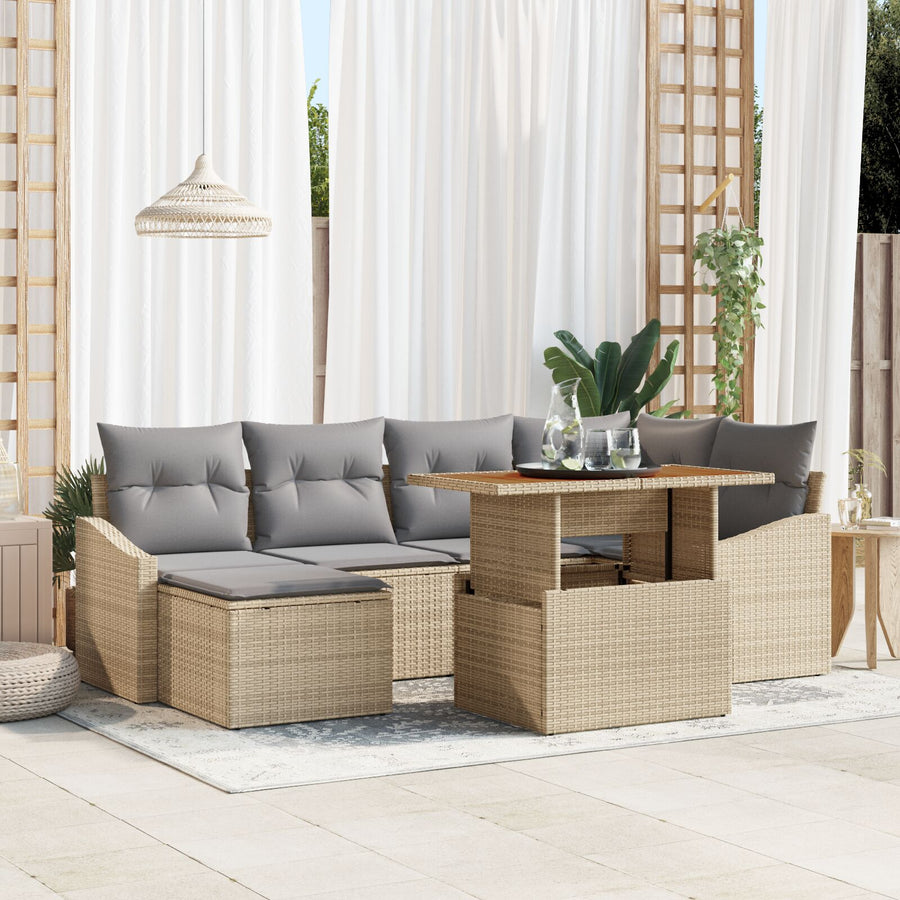 7 Delige Tuin Eettafel Set Met Kussens Beige Poly Rattan Acacia