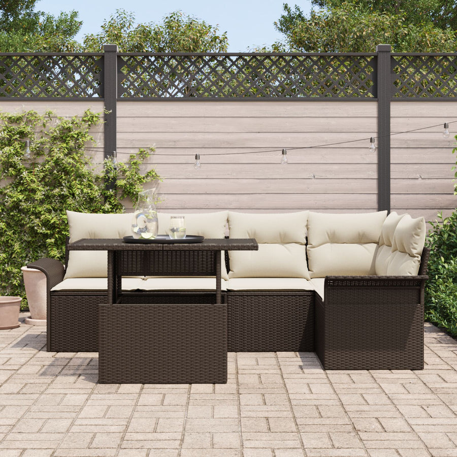 Tuin Sofa Set Set Van 6 Bruin En Crème Rattan, Polyester