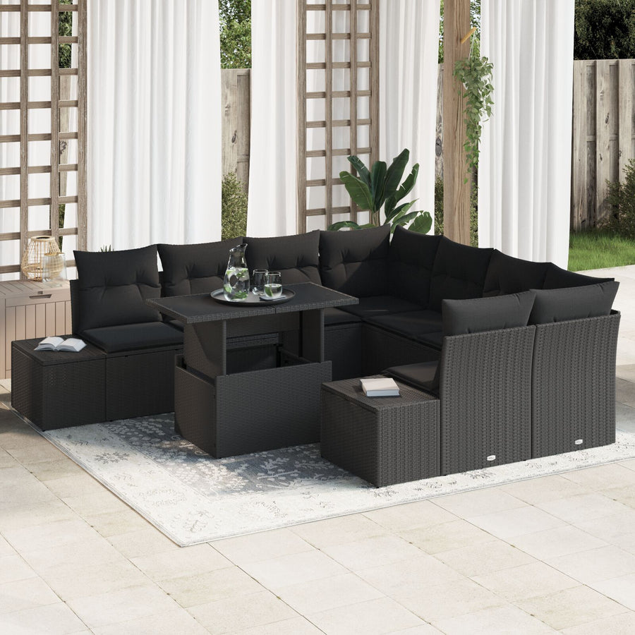 9 Delig Tuinbank Set Met Kussens Zwart Poly Riet