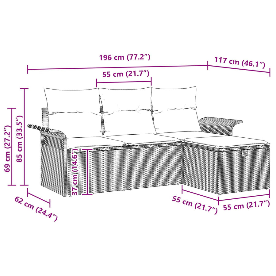 4-Delige Tuinsofaset Met Kussens Grijs Poly Rattan