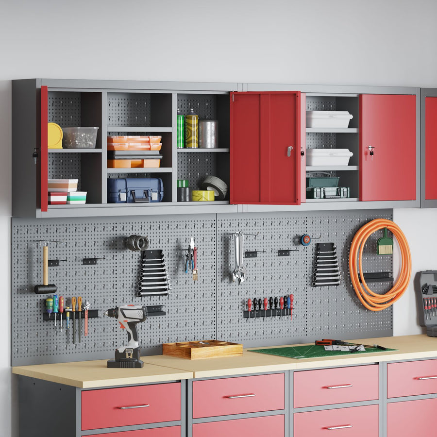 4-Delige Gereedschapskast En Pegboard Set Voor Aan De Muur In Rode Metalen Uitvoering