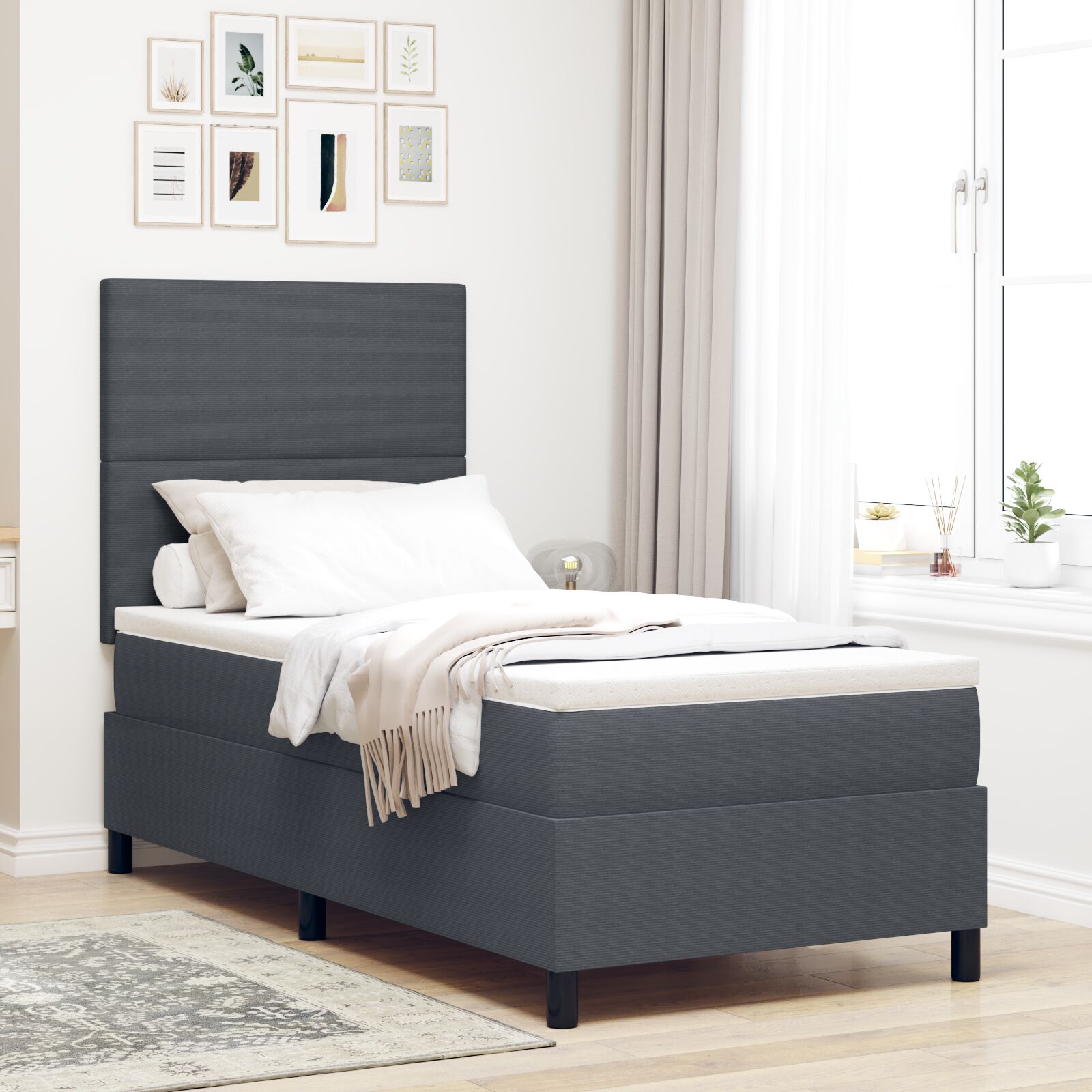 Boxspring Bed Met Matras Donkergrijs 90X200 Cm Corduroy Stof