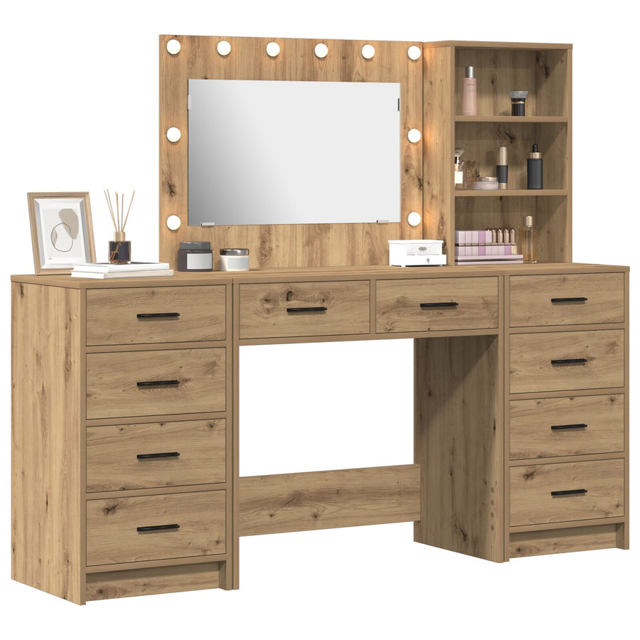 3-Delige Kaptafel Set Met Led Ambachtelijk Eiken Bewerkt Hout