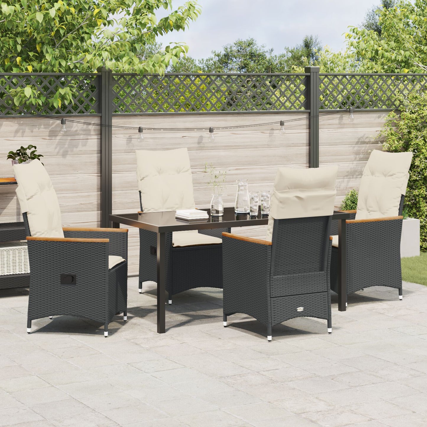 5-Delige Tuin Eettafel Set Met Kussens - Zwart Poly Rattan