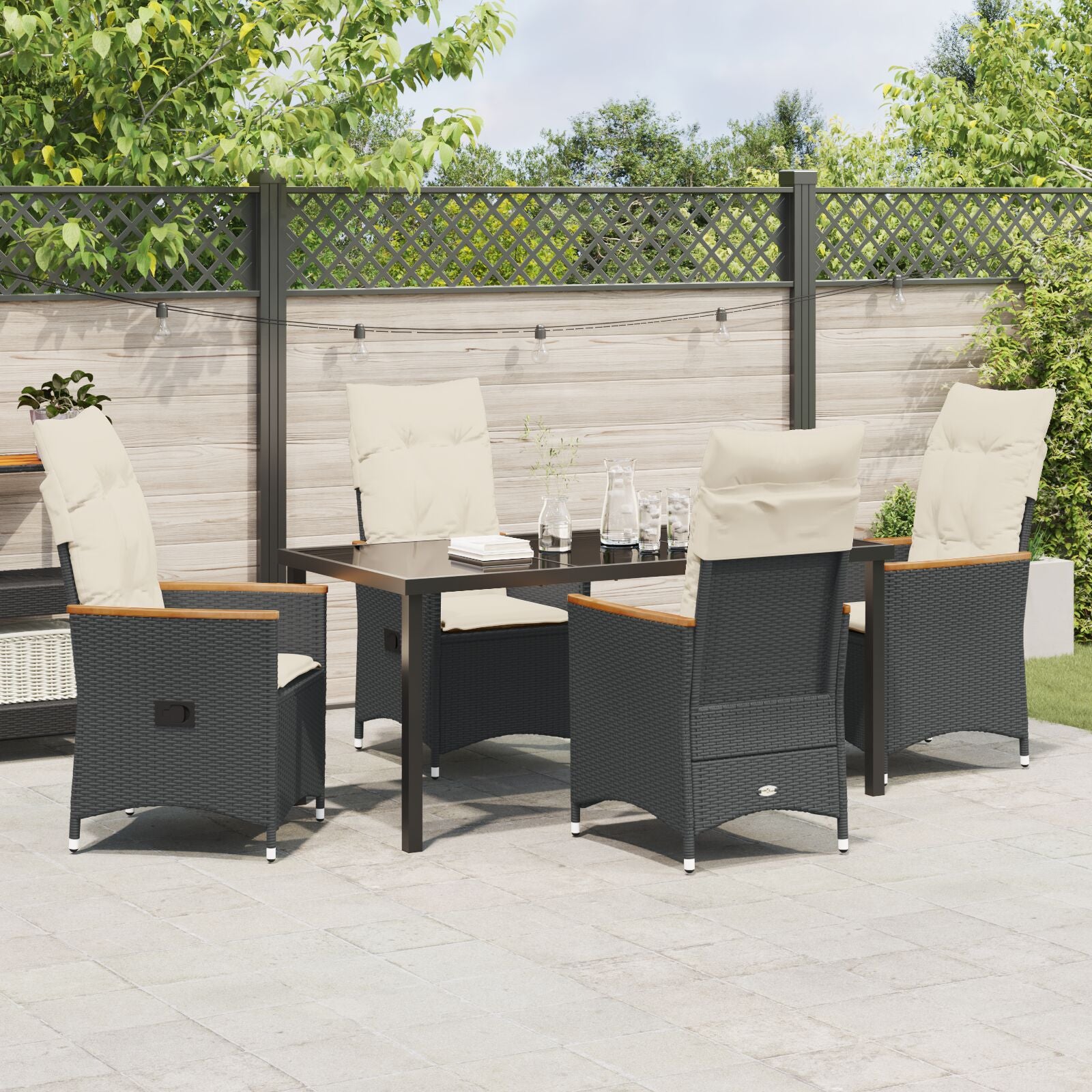 5-Delige Tuin Eettafel Set Met Kussens - Zwart Poly Rattan
