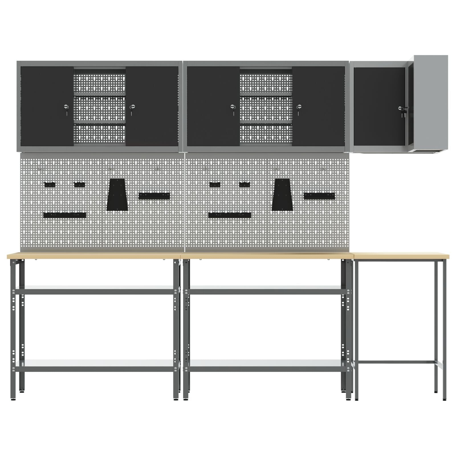 10-Delig Gereedschapsopslagtafelset Geperst Hout En Metaal 100 cm cabinet met pegboard Zwart 3x tafel + 4x cabinet + 6x pegboard