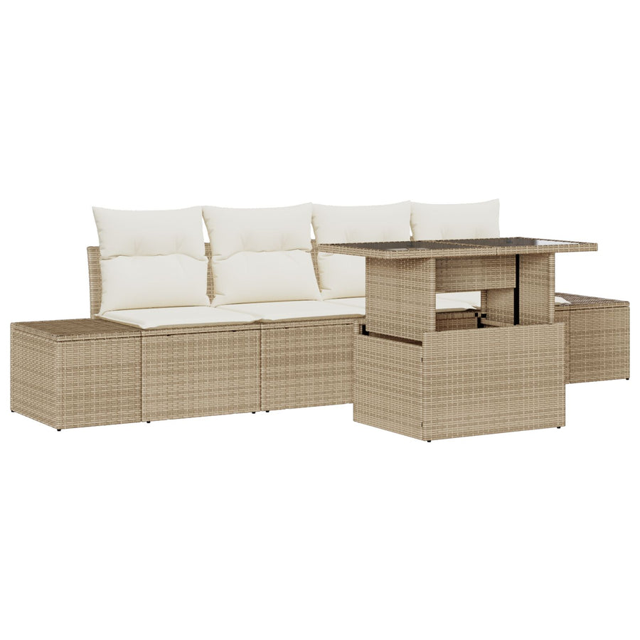 5-Delige Tuinbankset Met Kussens Beige Poly Rattan