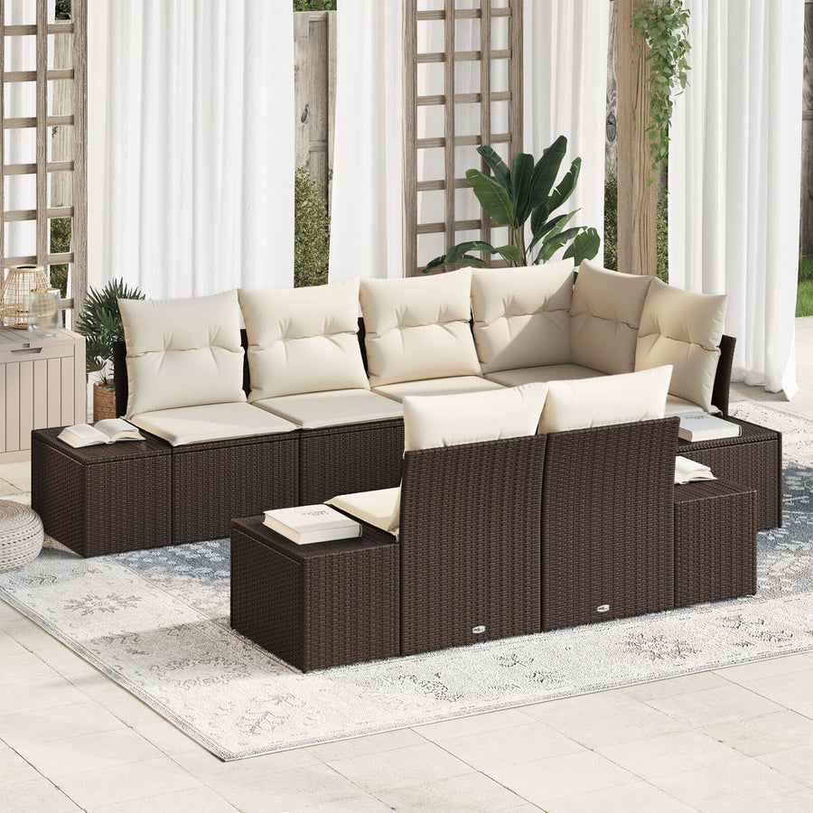 7-Delige Tuin Sofa Set Met Kussens Bruin Poly Rattan