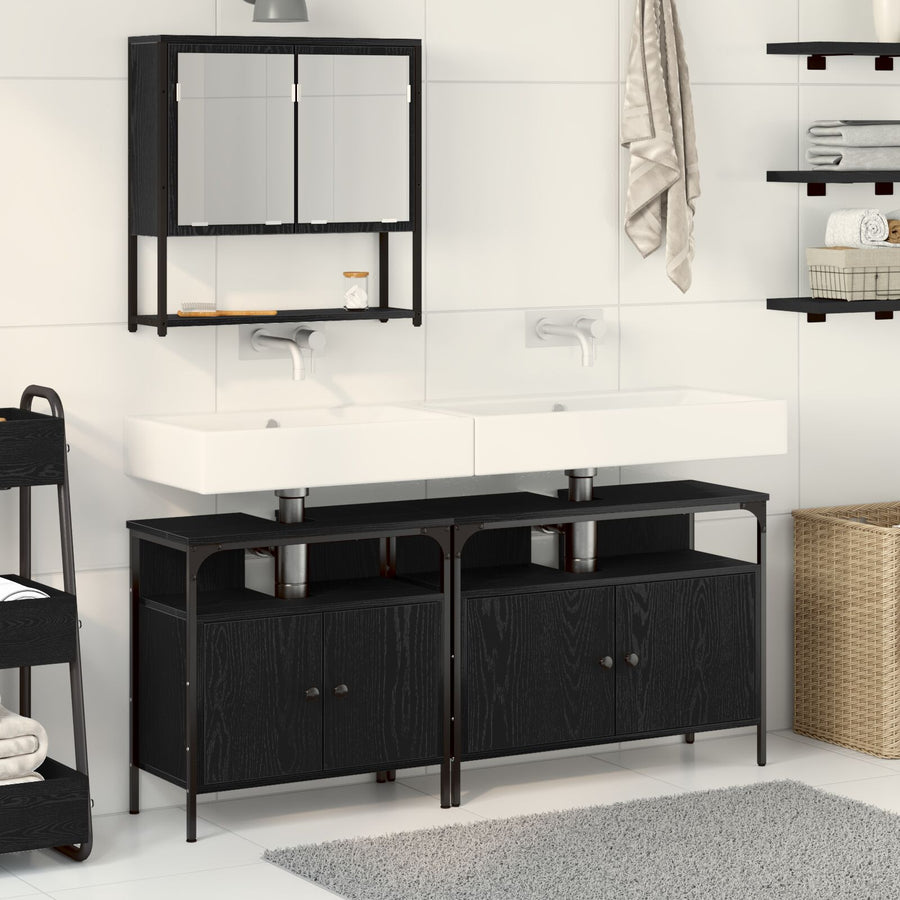 3-Delige Badkamer Meubel Set Zwart Eiken Bewerkt Hout