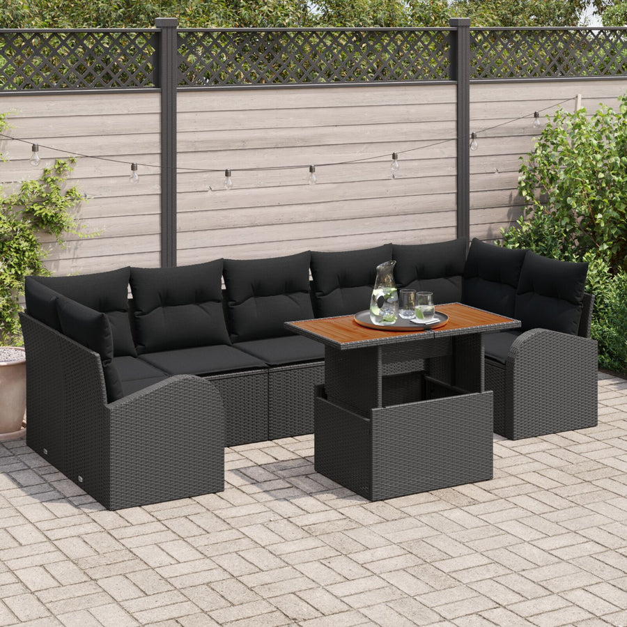 8-Delige Tuin Eetset Met Kussens Zwart Poly Riet Acacia