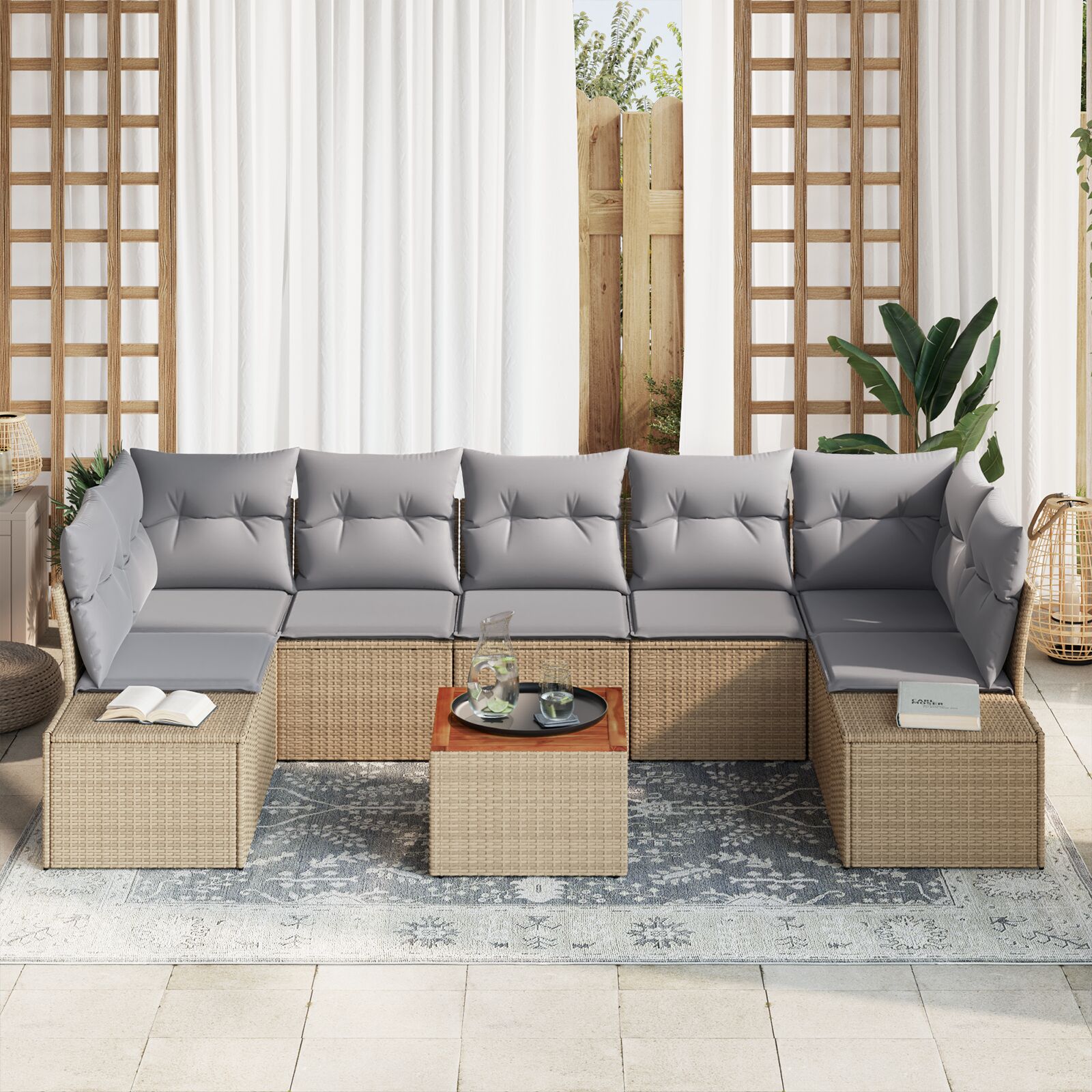 8-Delige Tuinbankset Met Kussens Beige Poly Rattan Acacia