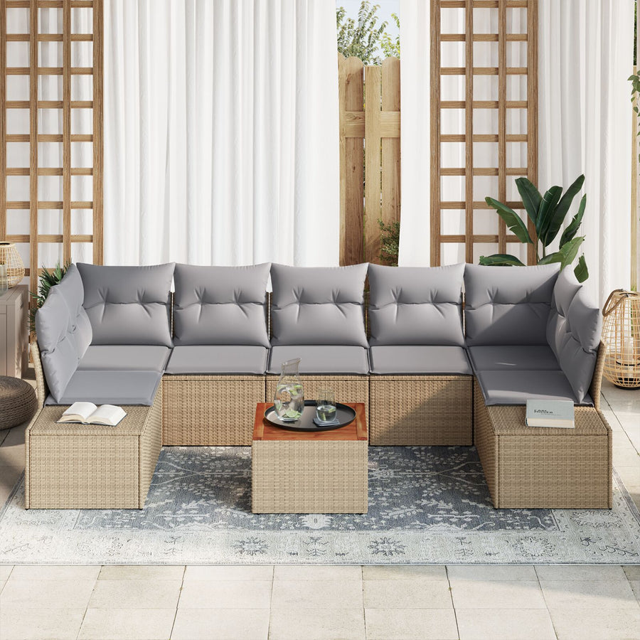8-Delige Tuinbankset Met Kussens Beige Poly Rattan Acacia