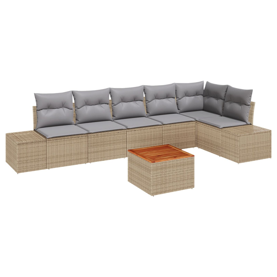 7-Delige Tuinbankset Met Kussens Beige Poly Rattan Acacia
