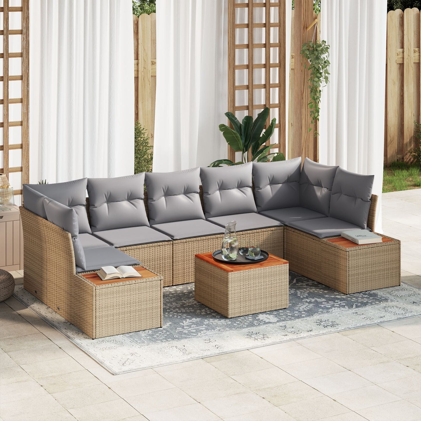 8 Delen Tuin Sofa Set Met Kussens Beige Poly Rattan Acacia