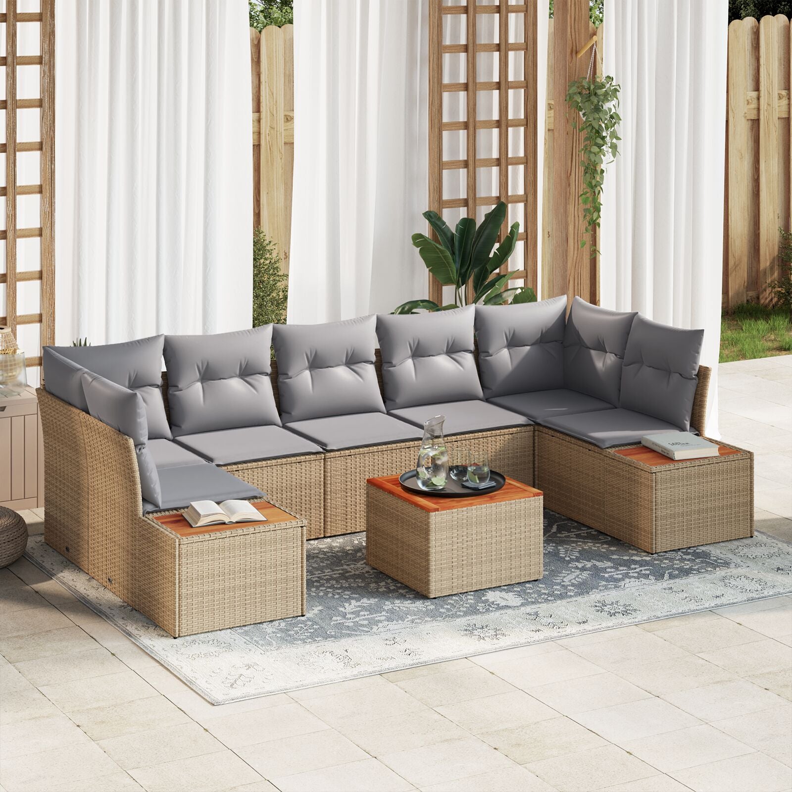 8 Delen Tuin Sofa Set Met Kussens Beige Poly Rattan Acacia