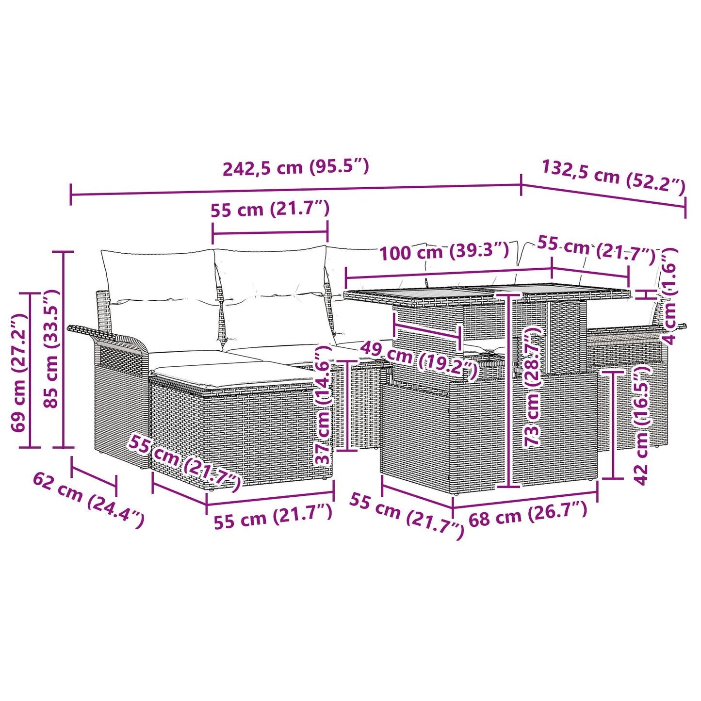 7-Delige Tuin Eettafelset Met Kussens Zwart Poly Rattan Acacia