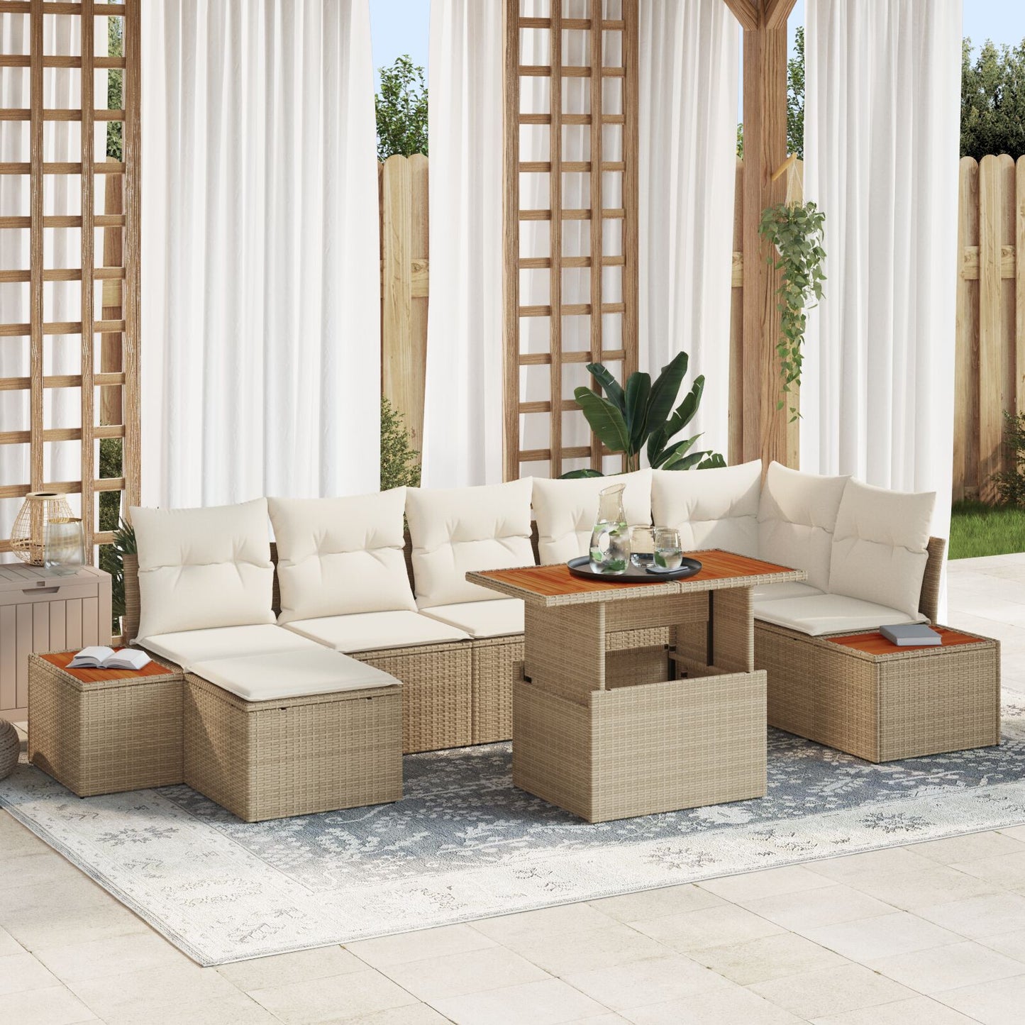Tuin Sofa Set Set Van 8 Beige Rattan, Polyester Tuinmeubilair