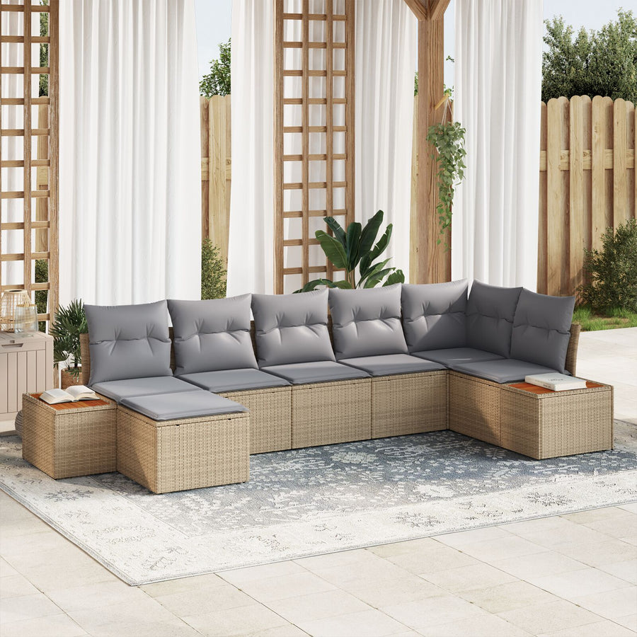 7-Delige Tuinbank Set Met Kussens Beige Poly Riet Acacia