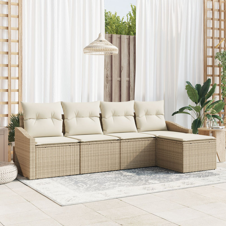 Tuin Sofa Set Set Van 5 Beige Rattan, Polyester Enkele Sofa Gegalvaniseerd Staal