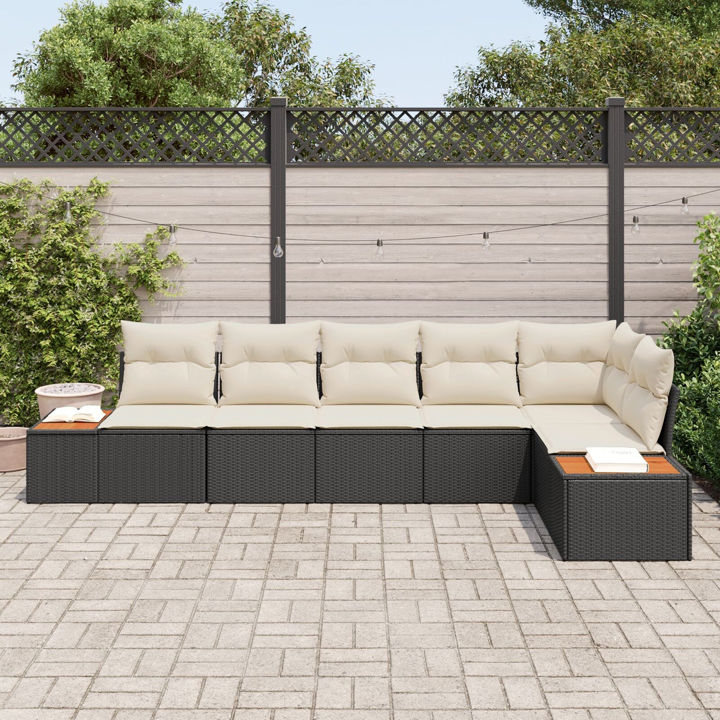 Zesdelige Tuin Sofa Set Met Kussens In Poly Rattan Zwart en crème zonder tafel