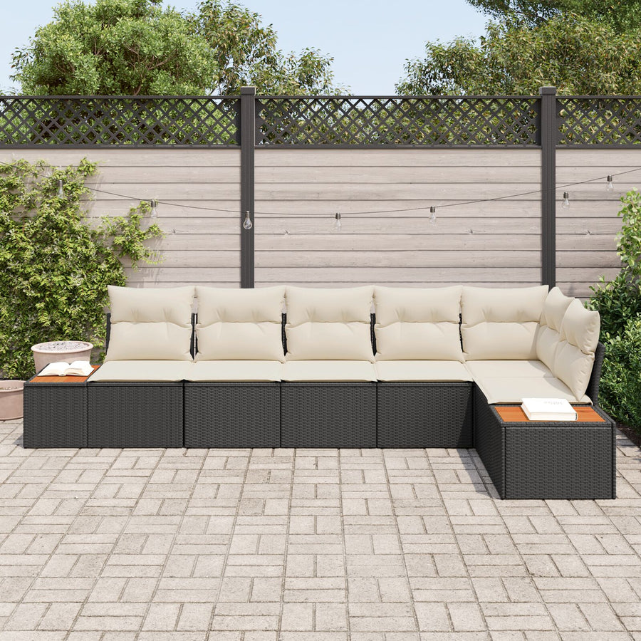 Zesdelige Tuin Sofa Set Met Kussens In Poly Rattan Zwart en crème zonder tafel