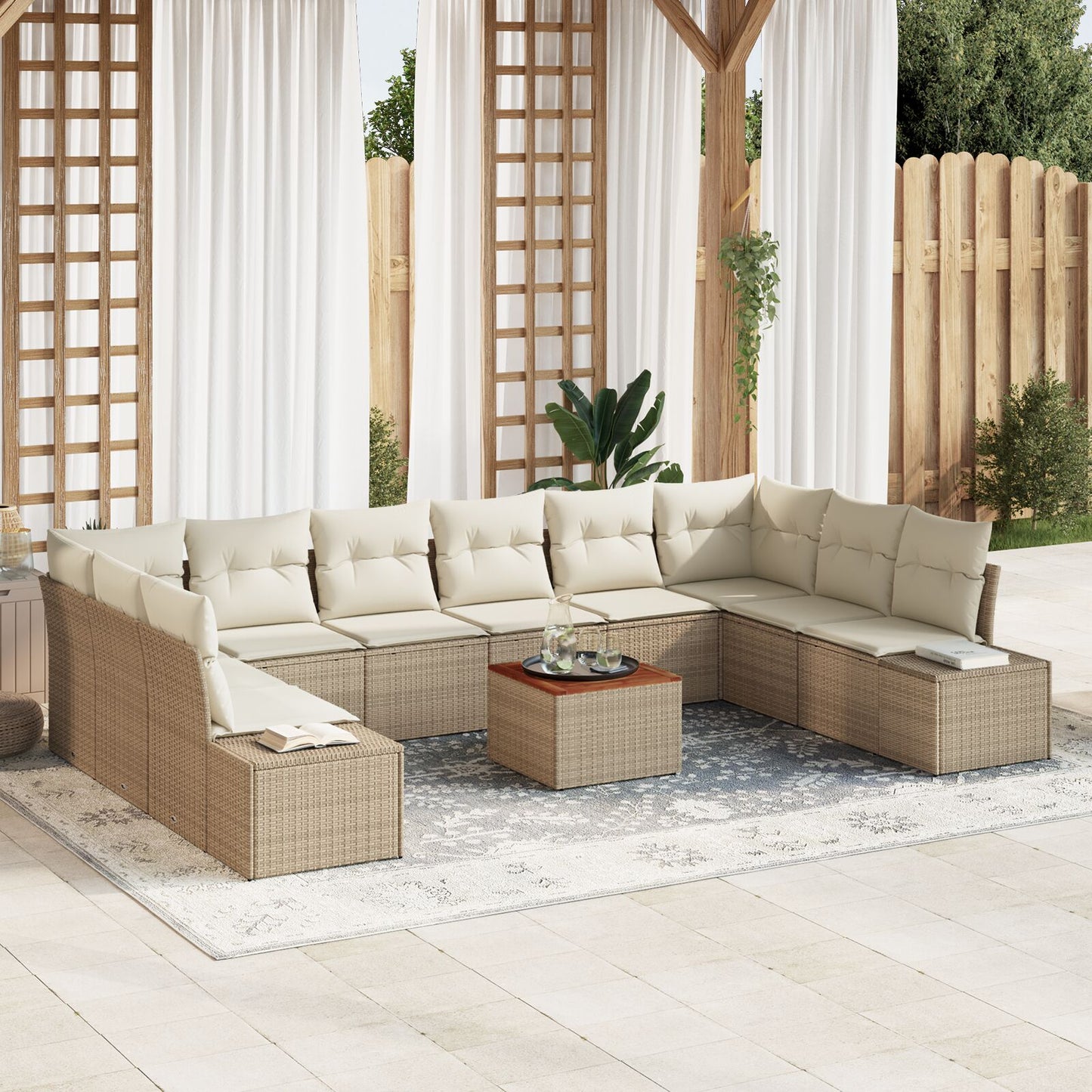 11-Delige Tuin Sofa Set Met Kussens Beige Poly Rattan Acacia