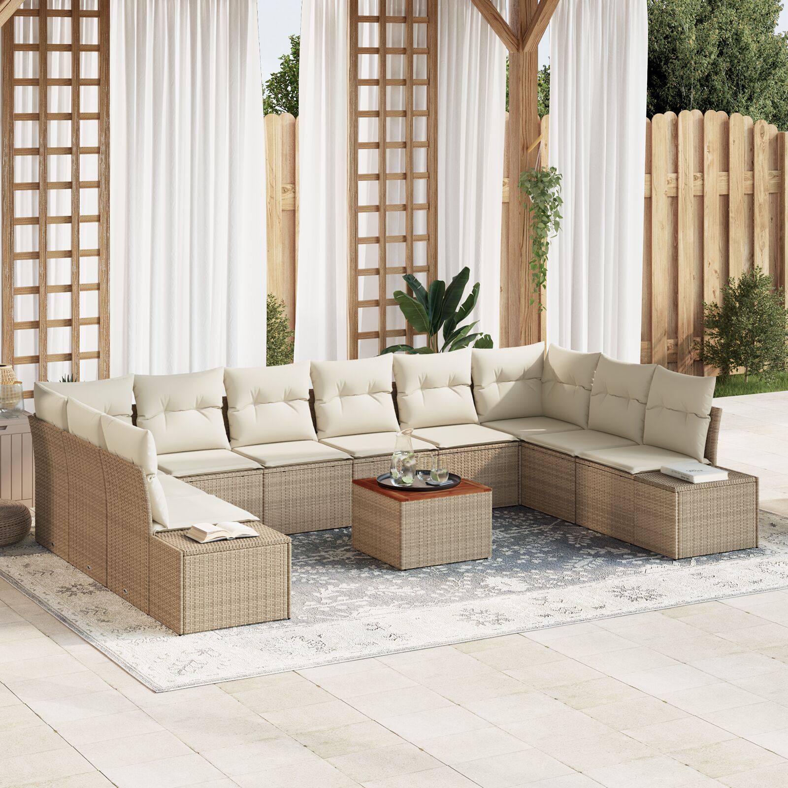 11-Delige Tuin Sofa Set Met Kussens Beige Poly Rattan Acacia