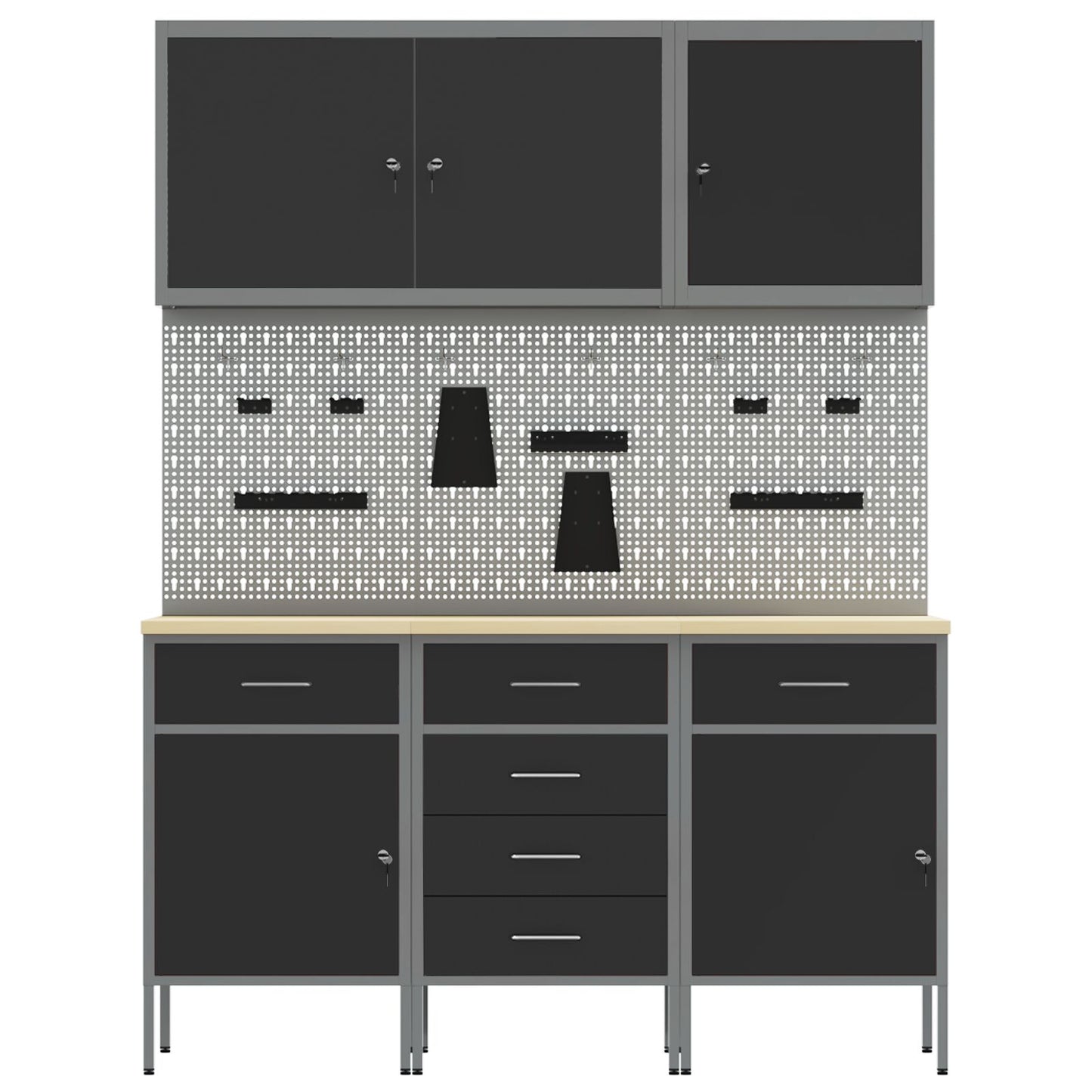 8-Delige Werkcabinet En Pegboard Set Mdf En Metaal 3x (84/84/85 cm) Zwart 3x kast + 3x pegboard + 2x gereedschap kast