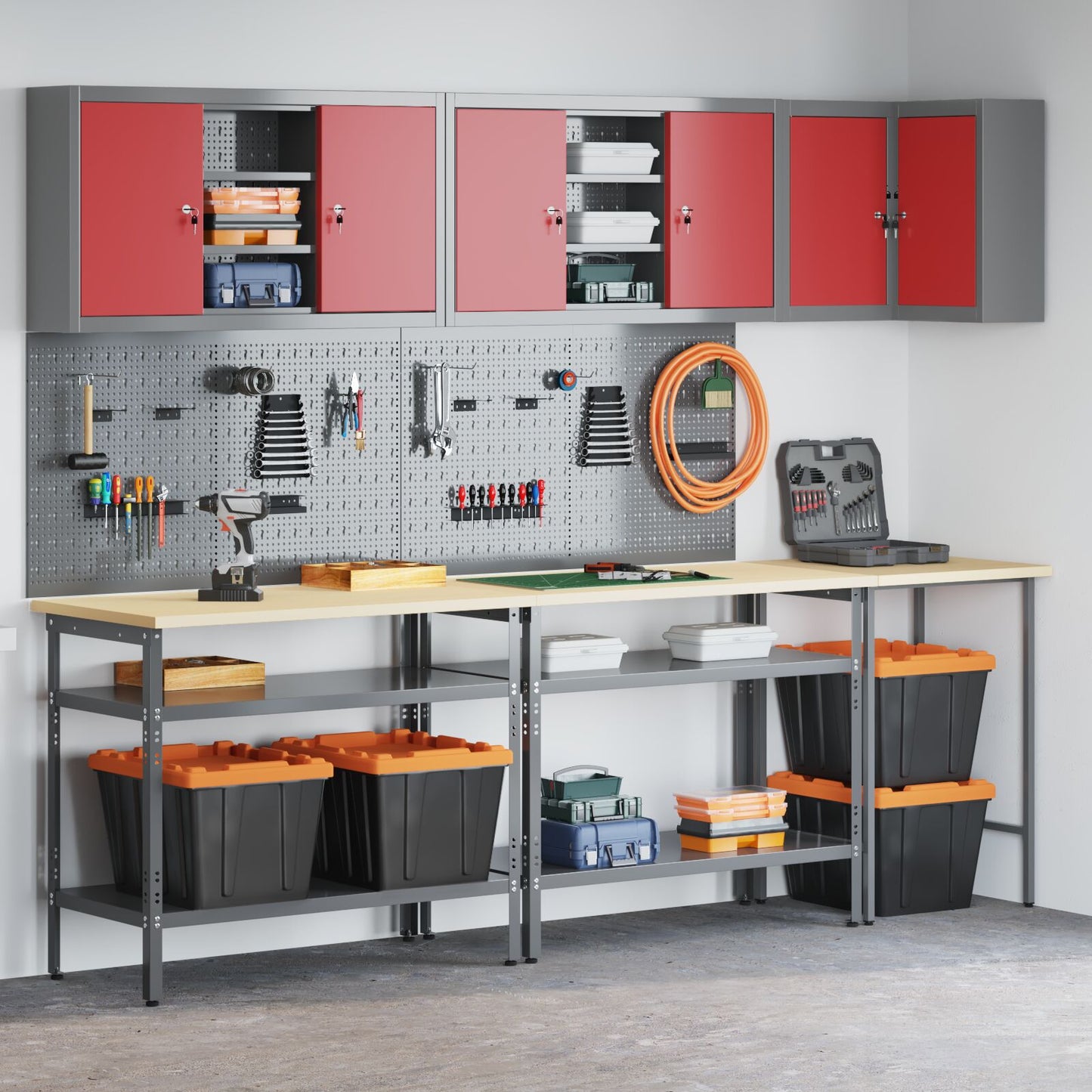 10-Delige Gereedschapsopslag Tafelset In Engineering Hout En Metaal 100 cm kast met pegboard Rood 3x tafel + 4x kast + 6x pegboard