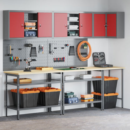 10-Delige Gereedschapsopslag Tafelset In Engineering Hout En Metaal 100 cm kast met pegboard Rood 3x tafel + 4x kast + 6x pegboard