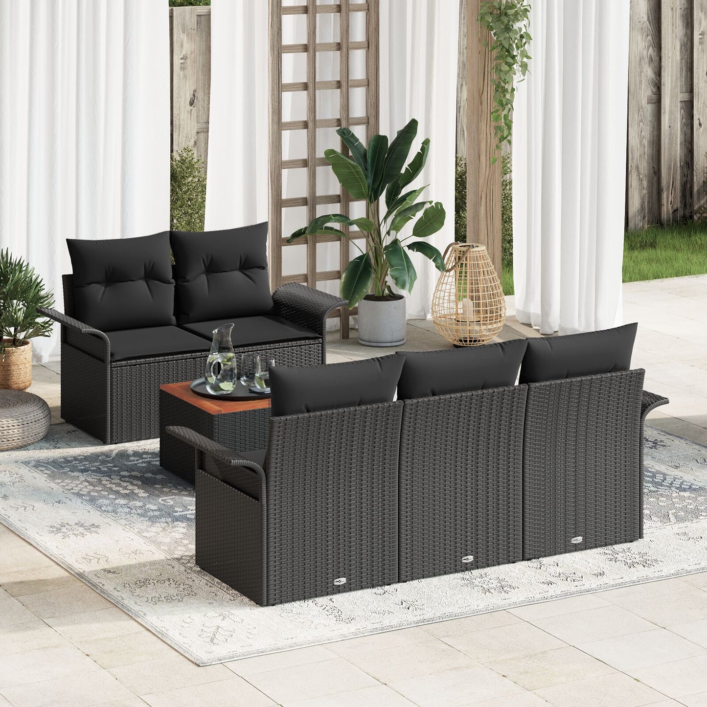 6-Delige Tuin Sofa Set Met Kussens Zwart Poly Rattan Acacia