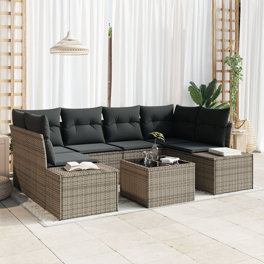 7-Delige Tuinbankset Met Kussens Grijs Poly Rattan