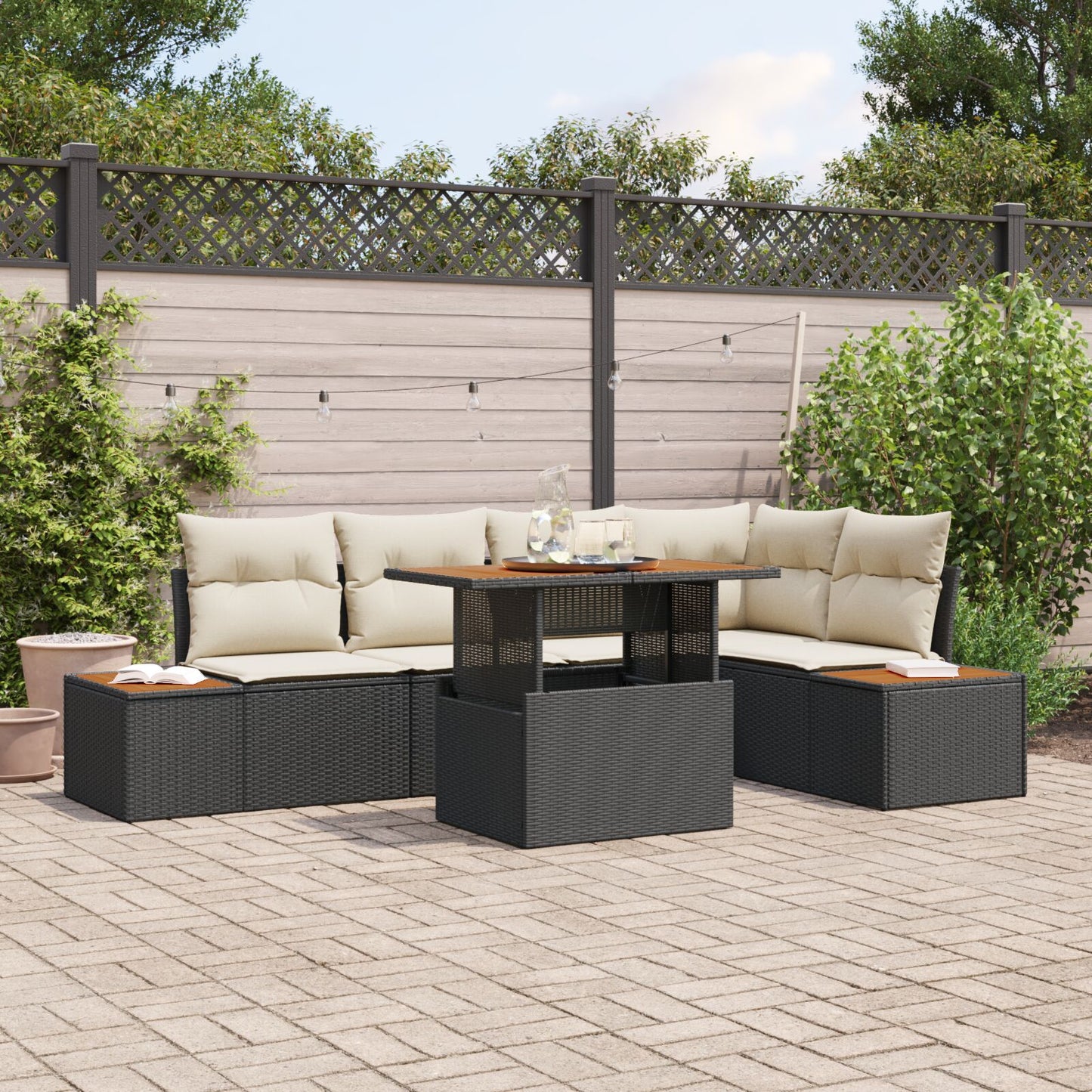 Tuin Sofa Set Set Van 6 Zwart, Crème Riet, Polyester