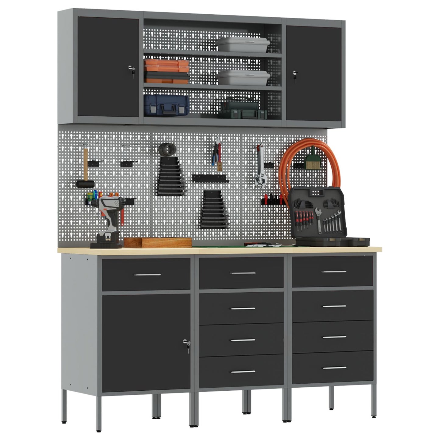 7-Delige Werkbankset Staal 3x (84/85/85 cm) Zwart 4x kast + 4x pegboard