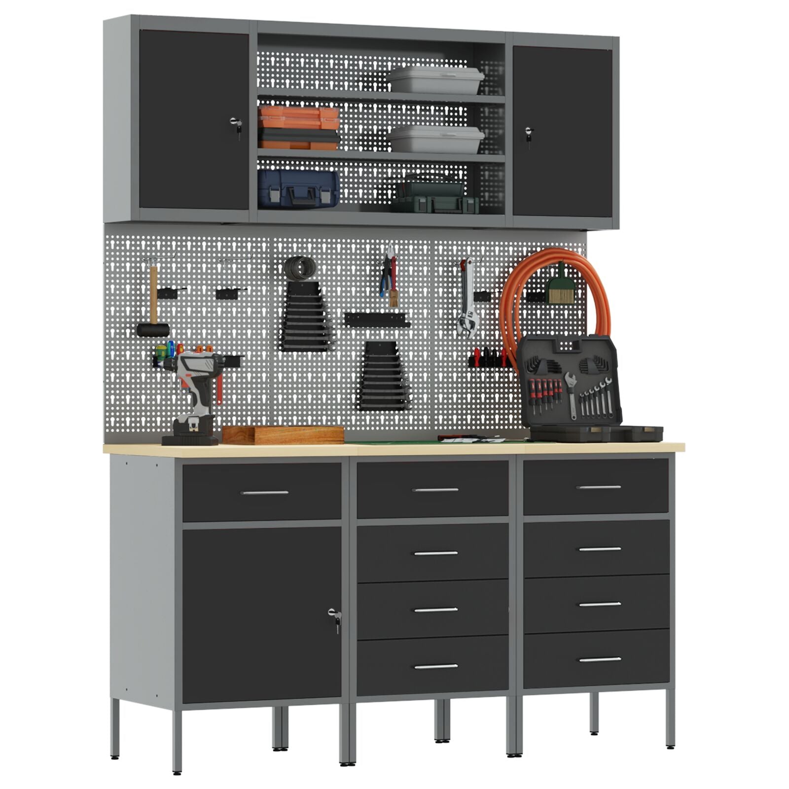 7-Delige Werkbankset Staal 3x (84/85/85 cm) Zwart 4x kast + 4x pegboard
