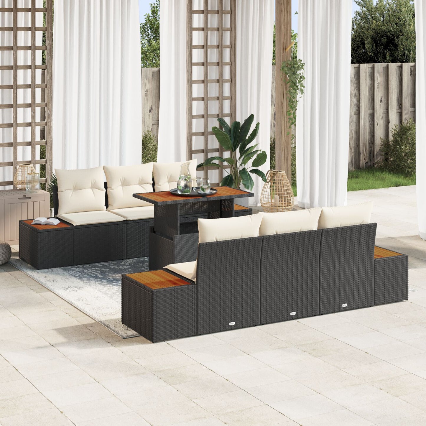 7-Delige Tuin Eetset Met Kussens Zwart Poly Rattan Acaciahout