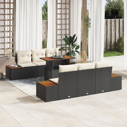 7-Delige Tuin Eetset Met Kussens Zwart Poly Rattan Acaciahout