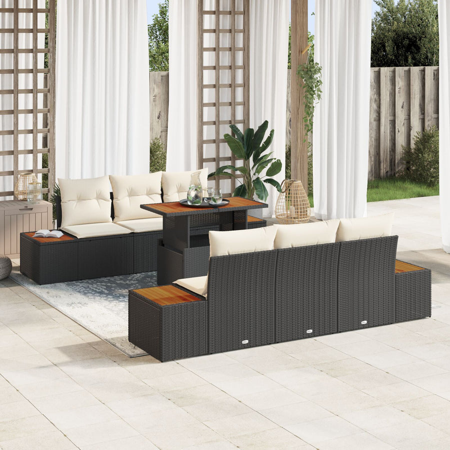 7-Delige Tuin Eetset Met Kussens Zwart Poly Rattan Acaciahout