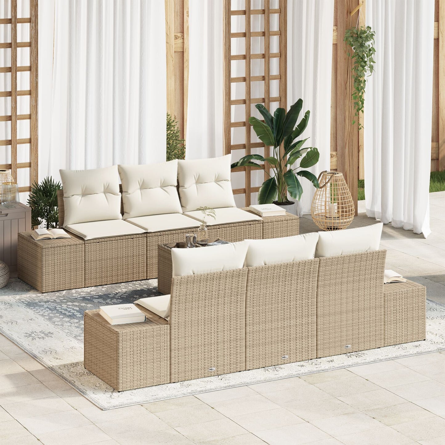 7-Delige Tuinsofa Set Met Kussens Beige Poly Rattan