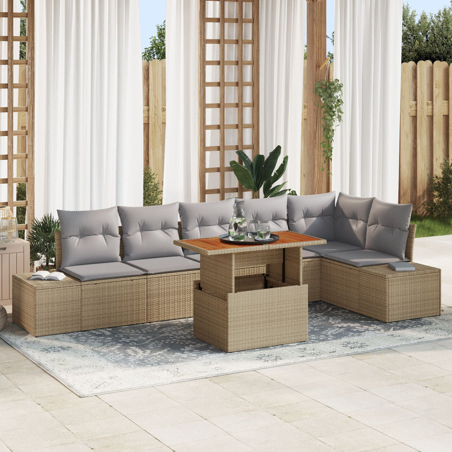 7-Persoons Tuin Sofa Set Met Kussens Beige Poly Riet