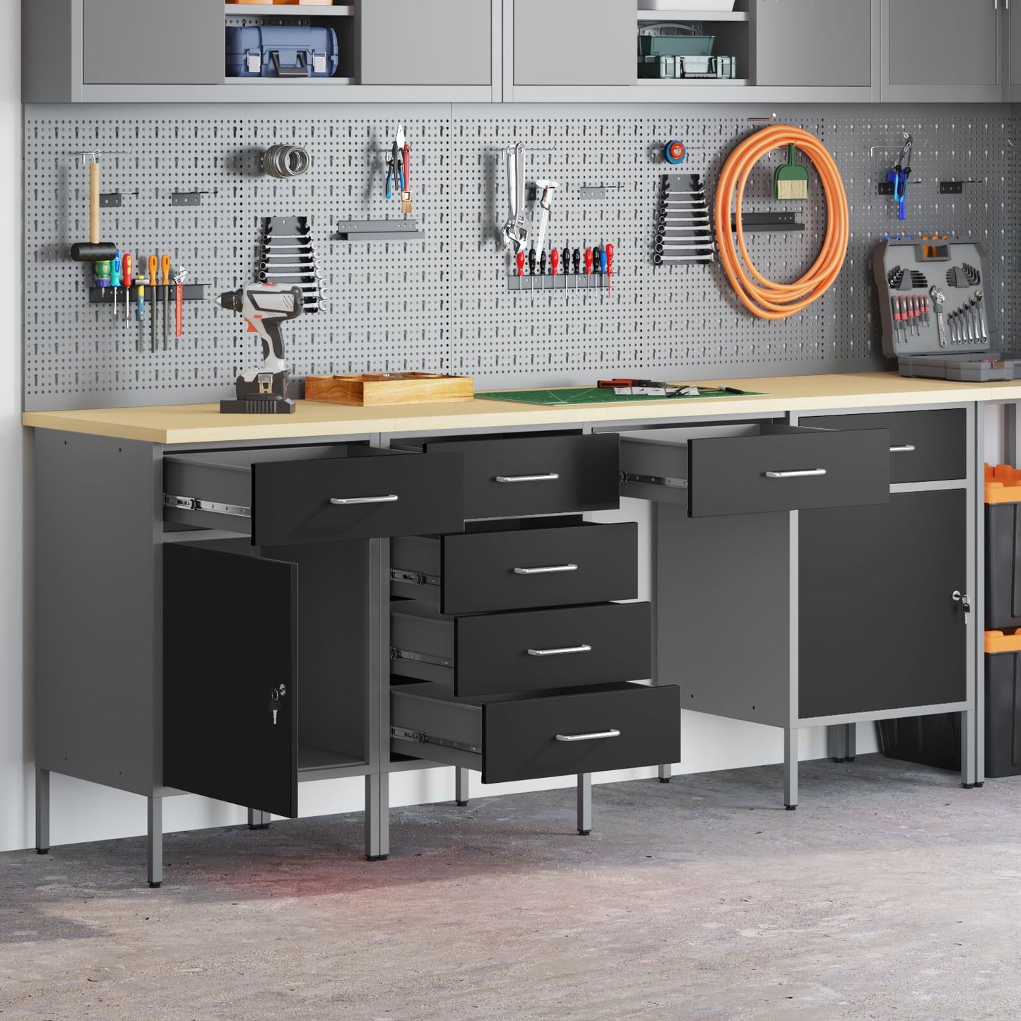 4-Delige Werk Kast En Tafel Set Zwart Gelaagd Hout En Staal