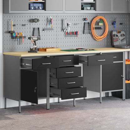 4-Delige Werk Kast En Tafel Set Zwart Gelaagd Hout En Staal