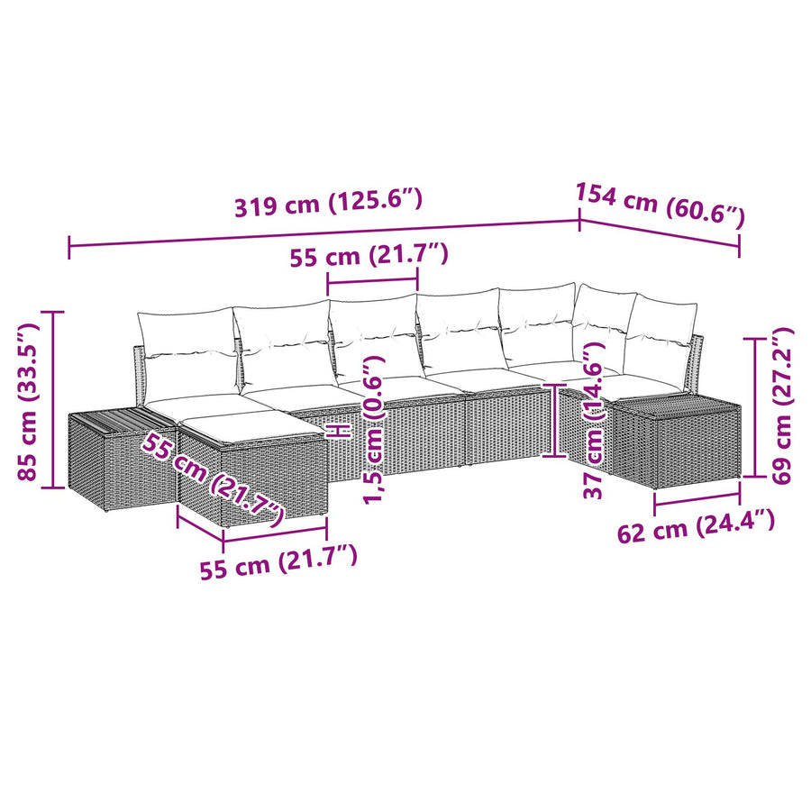 7 Delige Tuin Sofa Set Met Kussens Lichtgrijs Poly Rattan