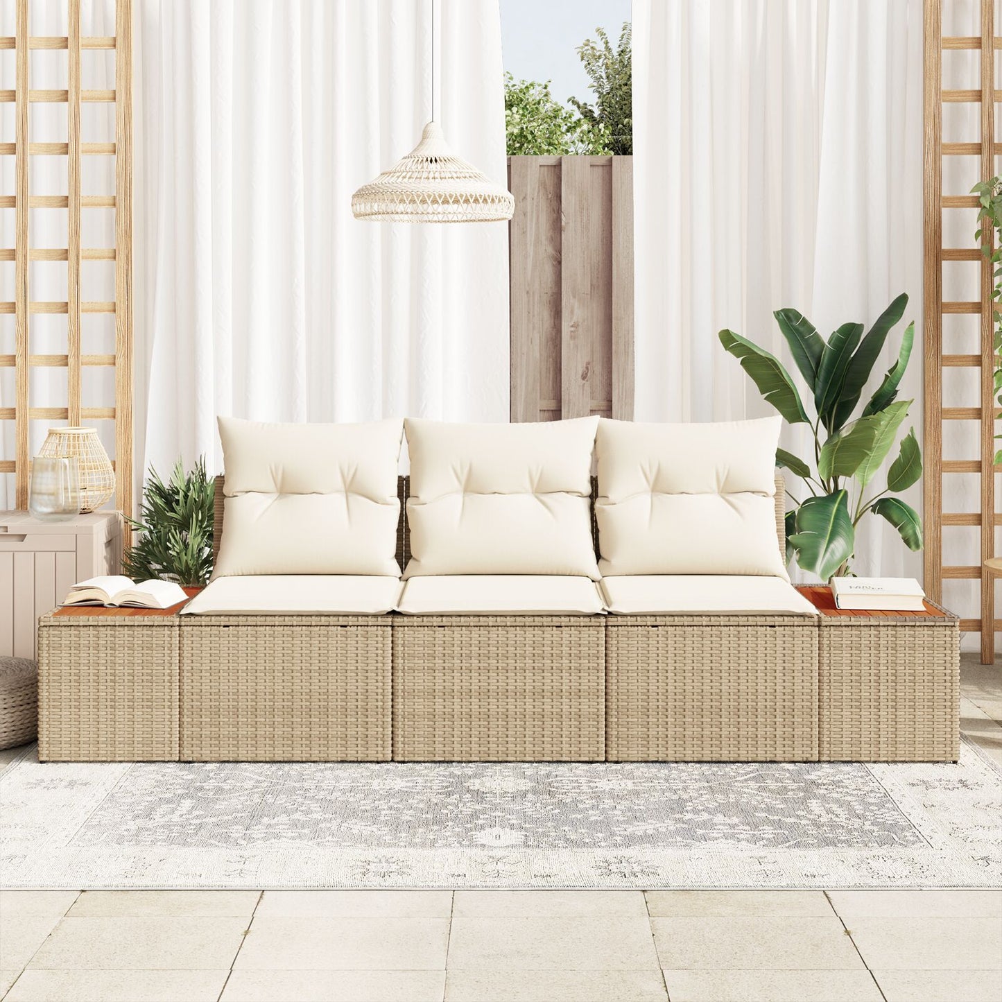 3-Delige Tuin Sofa Set Met Kussens Beige Poly Rattan Acacia