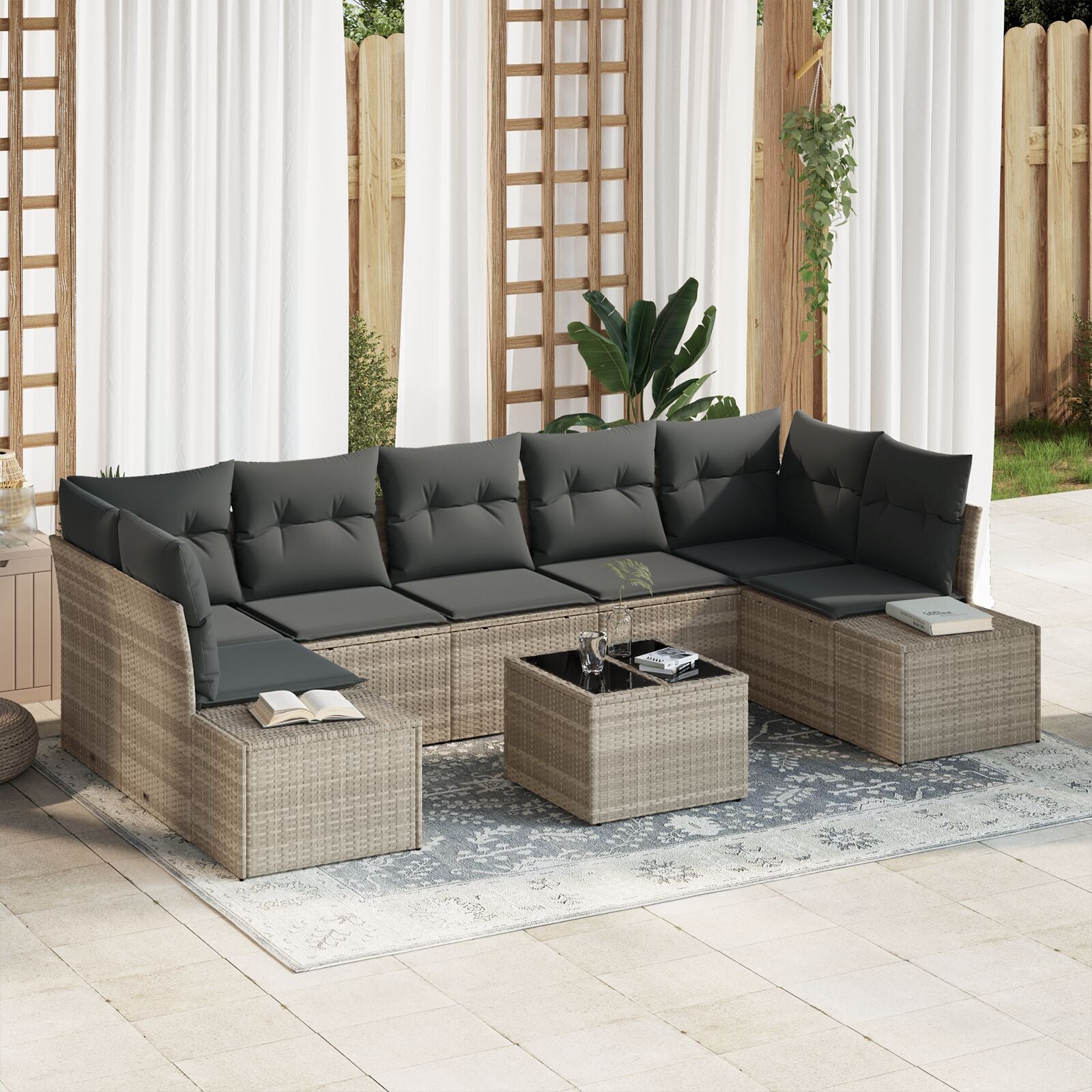 8-Delige Tuin Sofa Set Met Kussens Lichtgrijs Poly Rattan