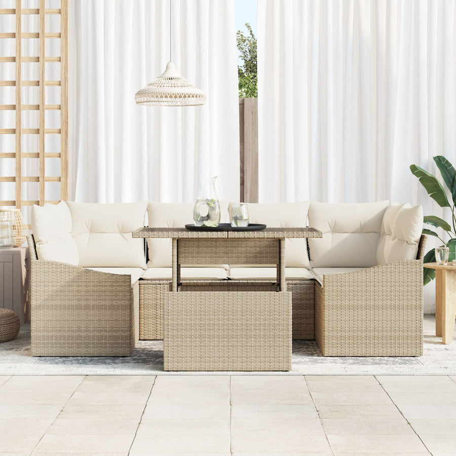 7 Delige Tuin Sofa Set Met Kussens Beige Poly Rattan