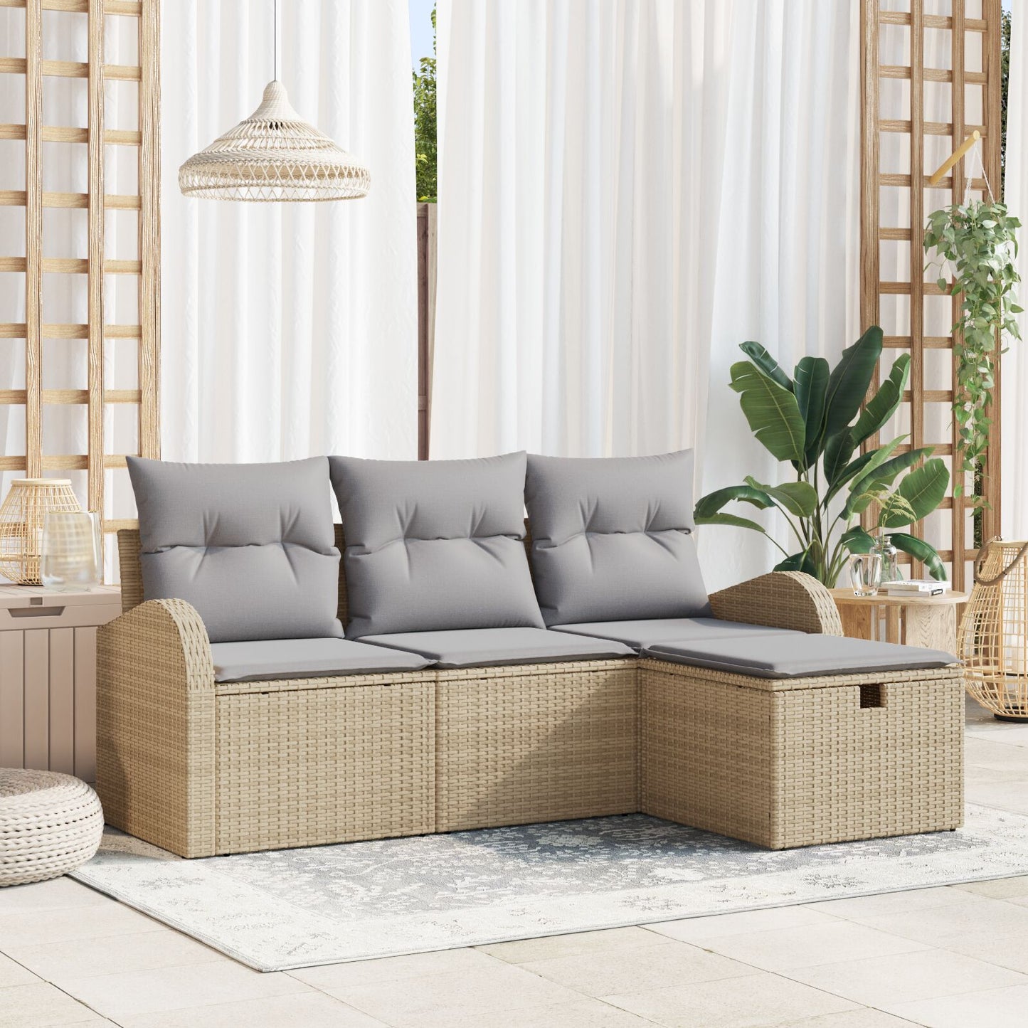 4-Delige Tuin Sofa Set Met Kussens Beige Poly Rattan, 2-Zits Tuin Sofa Met Opbergruimte & Kussens Beige Poly Rattan Wit
