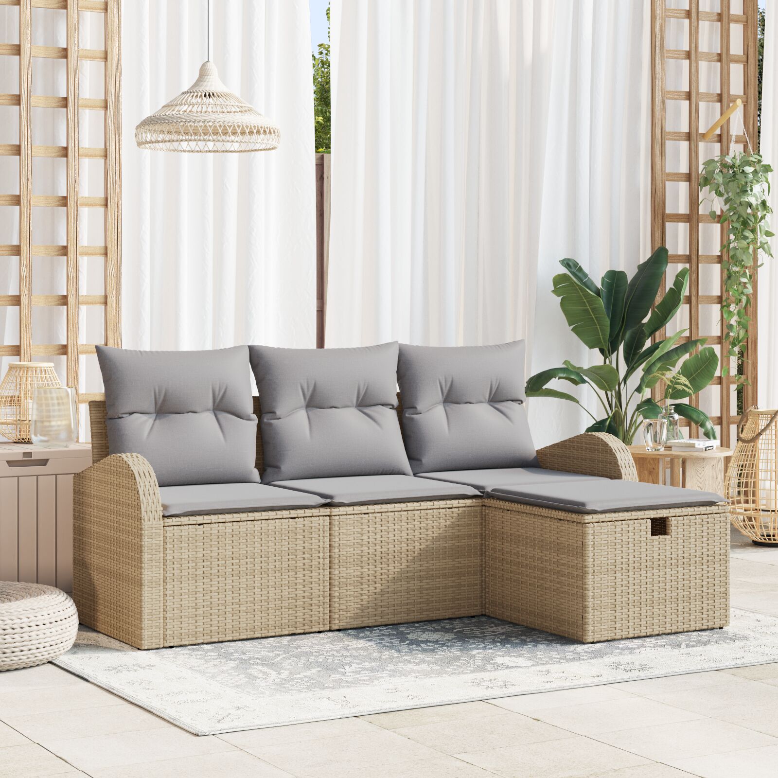 4-Delige Tuin Sofa Set Met Kussens Beige Poly Rattan, 2-Zits Tuin Sofa Met Opbergruimte & Kussens Beige Poly Rattan Wit