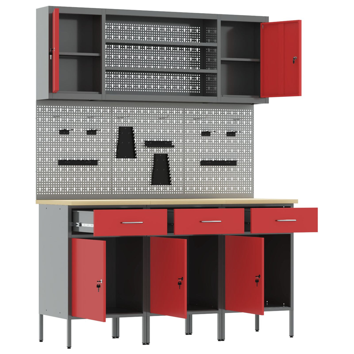 7-Delige Werkbankset In Staal 3x (84 cm) Rood 4x kast + 4x pegboard